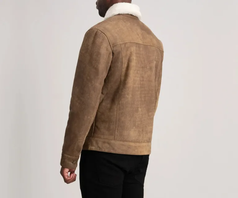 Dallis Distressed Brown Leather Shearling Trucker Jacket — Macro Detail Fur Lining, Leather Grain & Buckles