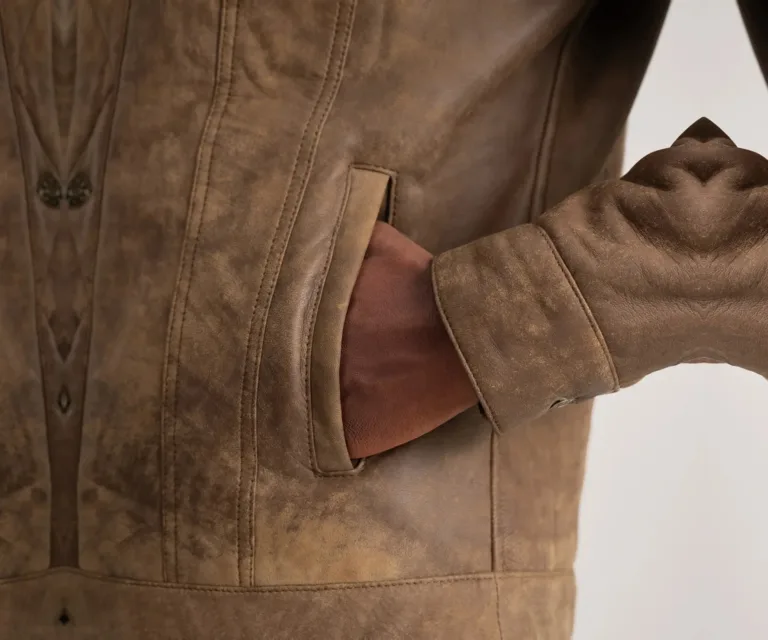 Dallis Distressed Brown Leather Shearling Trucker Jacket — Full-Length Model Editorial Presentation