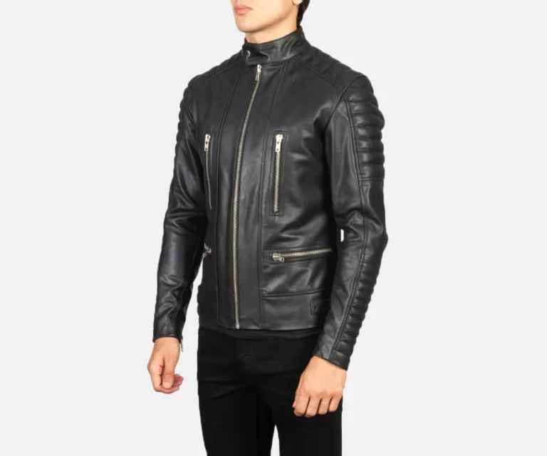 Damian Black Leather Biker Jacket — Quarter Angle Profile & Contoured Sleeve Detail