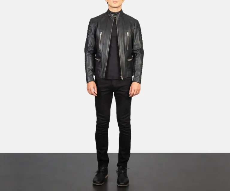 Damian Black Leather Biker Jacket — Front Zipped Placket & Collar Detail