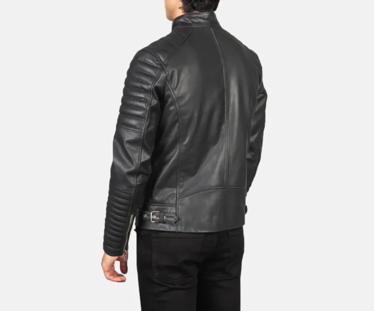 Damian Black Leather Biker Jacket — Macro Detail Texture, Stitching & Hardware