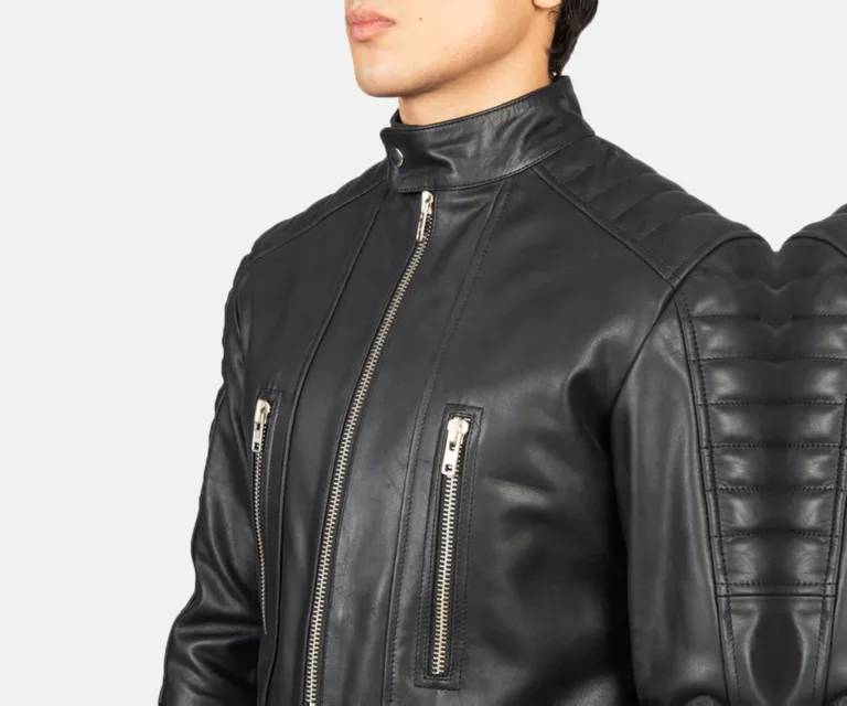 Damian Black Leather Biker Jacket — Full-Length Model Editorial Presentation