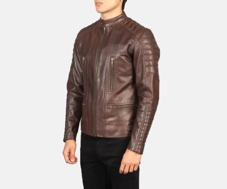 Damian Brown Leather Biker Jacket — Quarter Angle Profile & Contoured Sleeve Detail