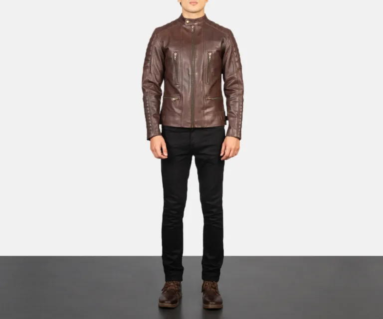 Damian Brown Leather Biker Jacket — Front Zipped Placket & Collar Detail