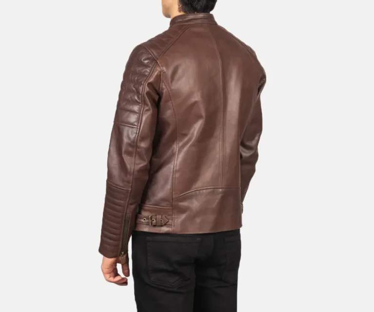 Damian Brown Leather Biker Jacket — Macro Detail Texture, Stitching & Hardware