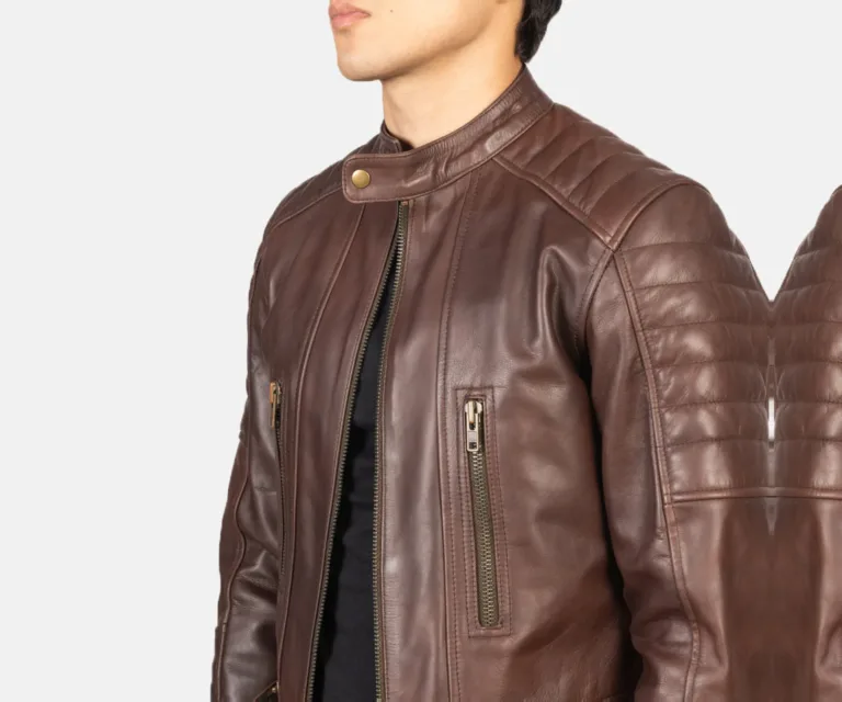 Damian Brown Leather Biker Jacket — Full-Length Model Editorial Presentation