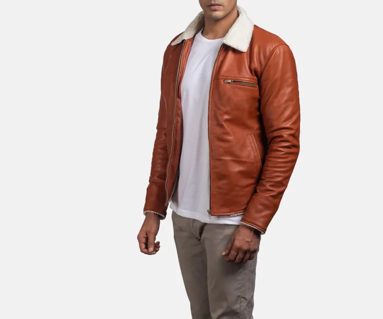 Dan Frost Tan Shearling Jacket — Quarter Angle Profile & Contoured Sleeve Detail