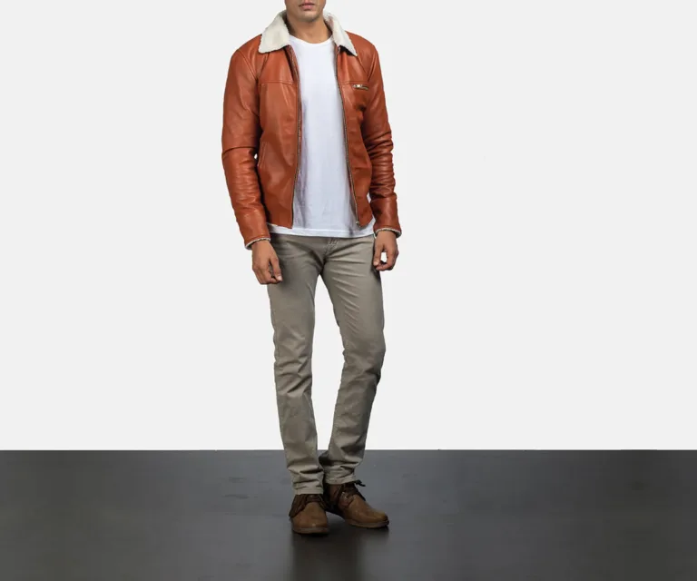 Dan Frost Tan Shearling Jacket — Front Collar Fur & Buckle Detail