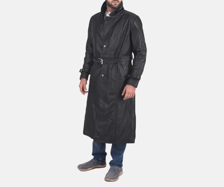 Daniel Black Leather Trench Coat — Three-Quarter Perspective