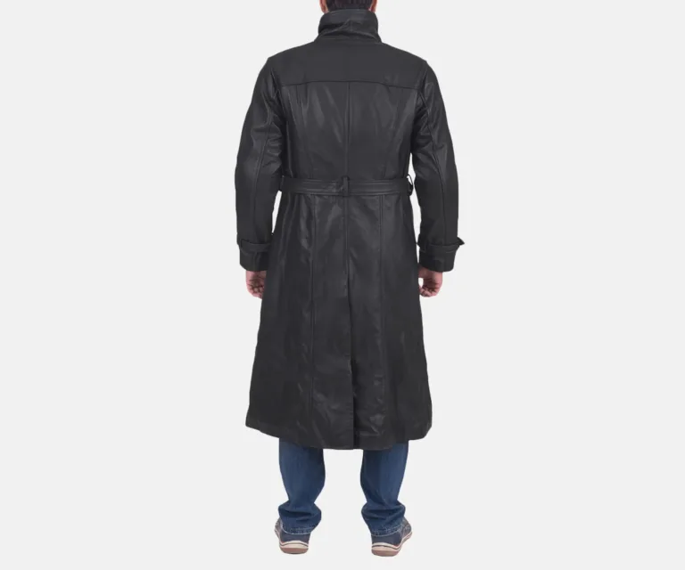 Daniel Black Leather Trench Coat — Rear Profile View