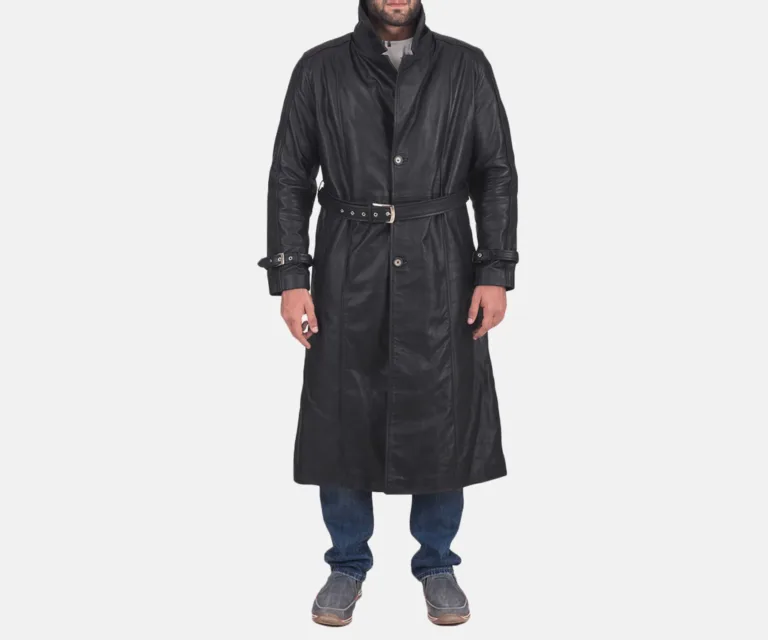 Daniel Black Leather Trench Coat — Full Editorial Model Perspective