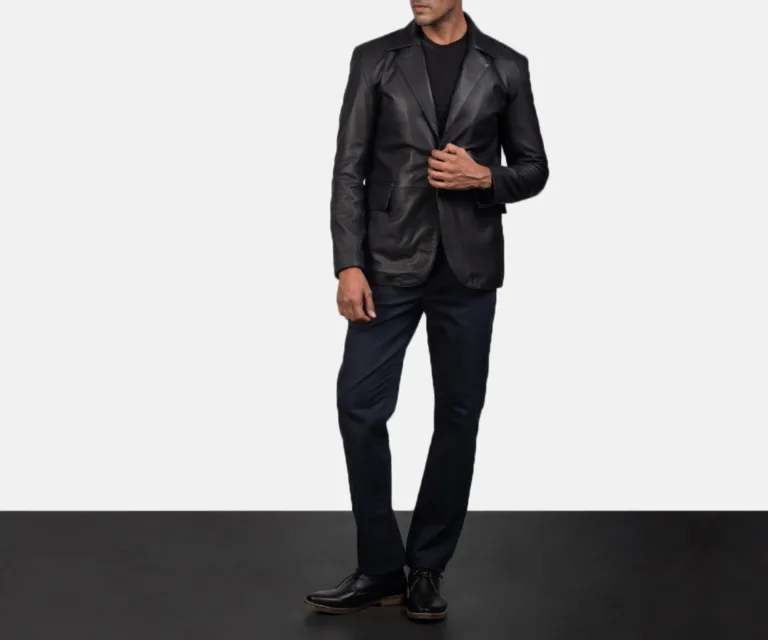 Daron Black Leather Blazer — Front Lapel Closure & Button Detail