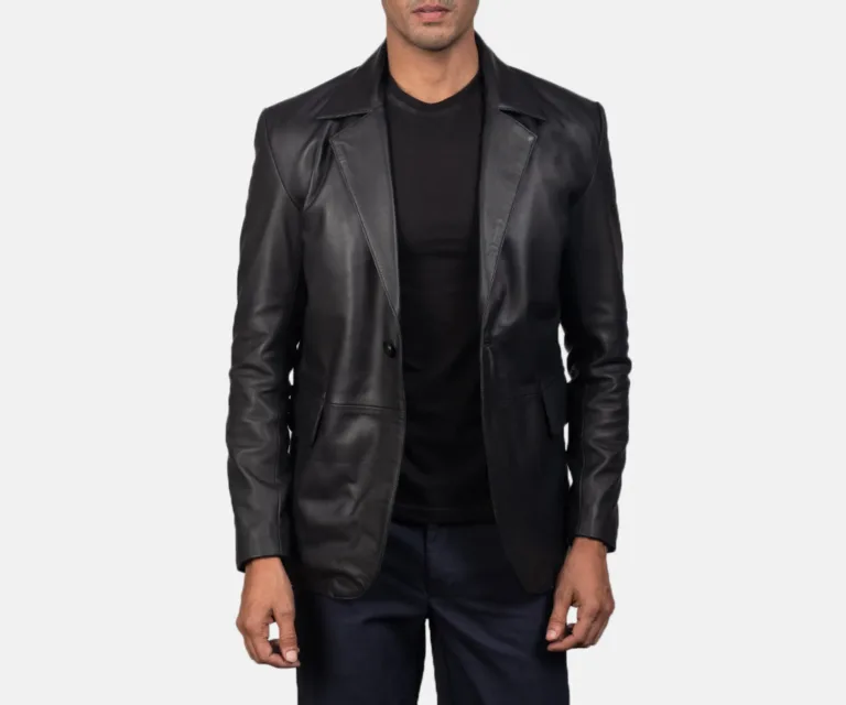 Daron Black Leather Blazer — Rear Back View & Tailored Vent Hemline