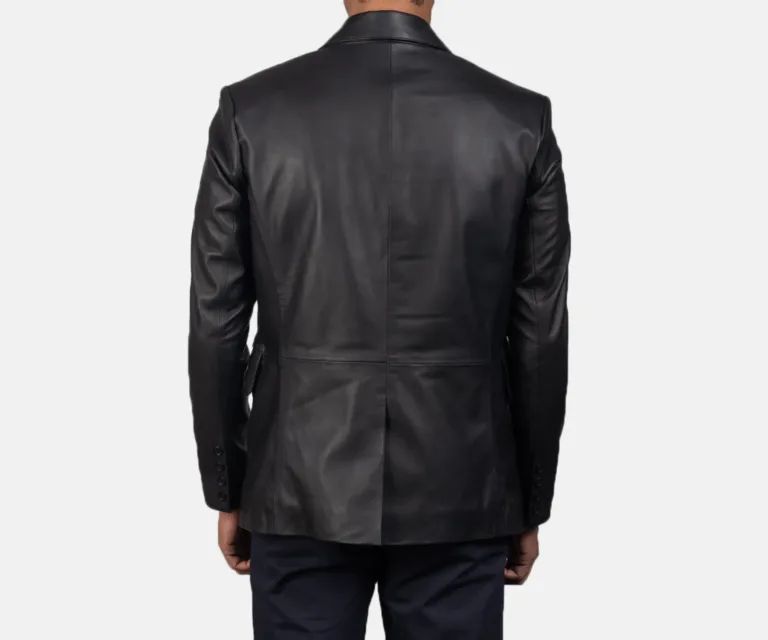 Daron Black Leather Blazer — Macro Detail Leather Grain, Stitching & Buttons
