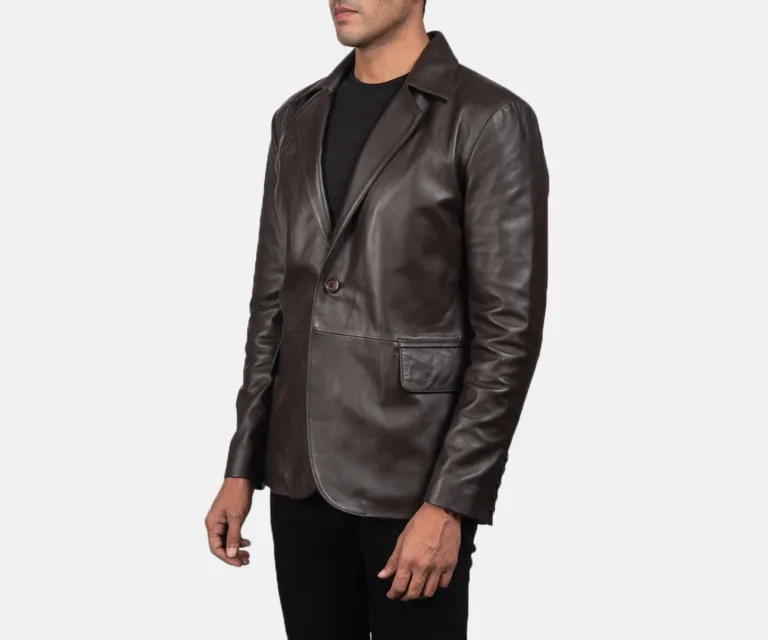 Daron Brown Leather Blazer — Quarter Angle Profile & Contoured Sleeve Detail