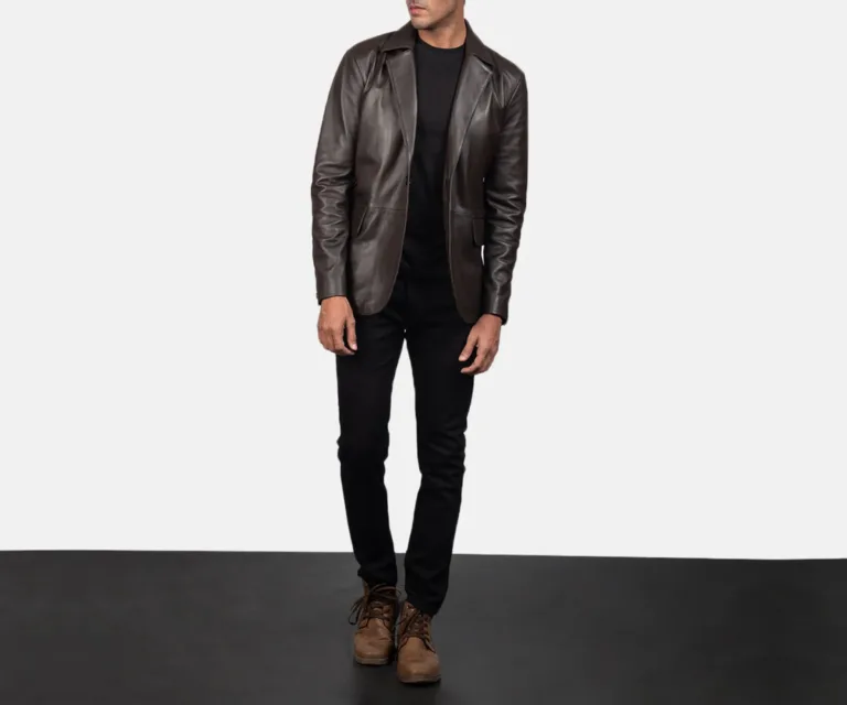 Daron Brown Leather Blazer — Front Lapel Closure & Button Detail