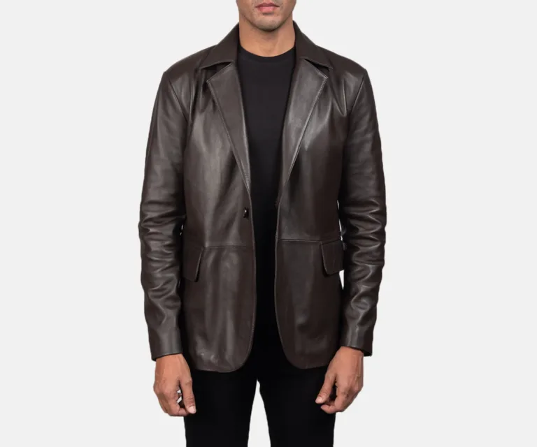 Daron Brown Leather Blazer — Rear Back View & Tailored Vent Hemline