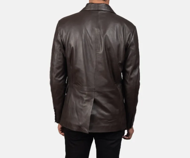 Daron Brown Leather Blazer — Macro Detail Leather Grain, Stitching & Buttons