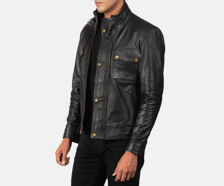 Darren Black Leather Biker Jacket quarter angle profile showing sleek sleeves and motorcycle riding silhouette