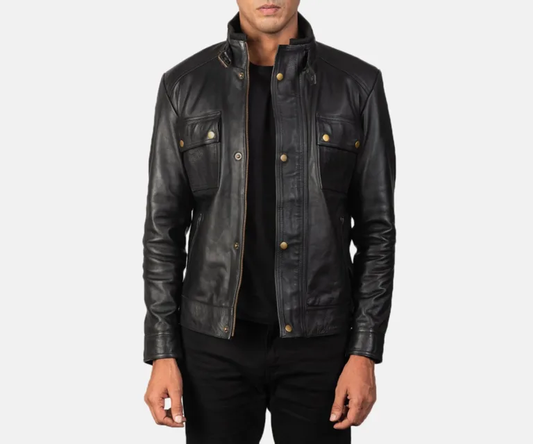 Darren Black Leather Biker Jacket front closed view displaying snap storm flap placket and band collar