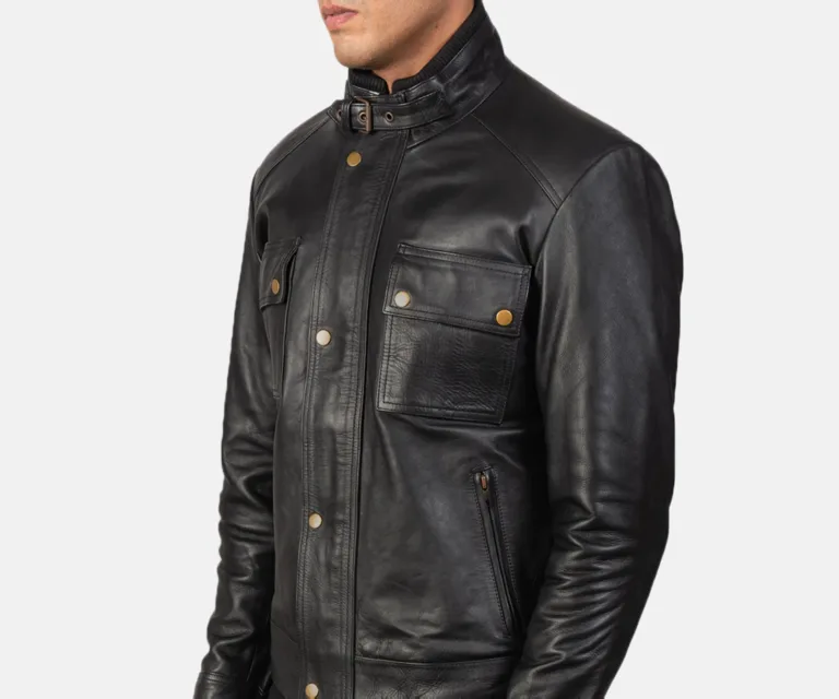 Darren Black Leather Biker Jacket rear back view displaying clean back yoke and lateral waist adjustment straps