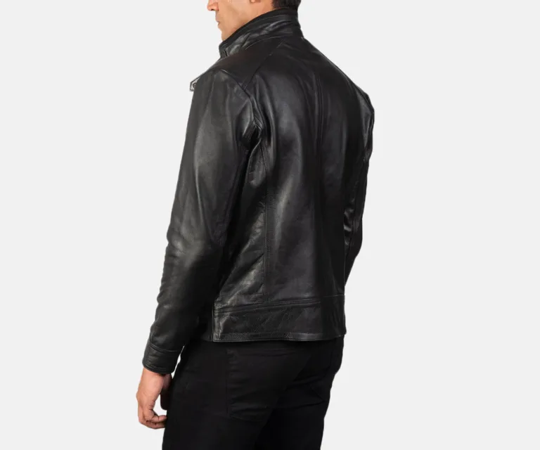 Darren Black Leather Biker Jacket macro close-up of throat latch, snap button hardware and genuine cowhide grain