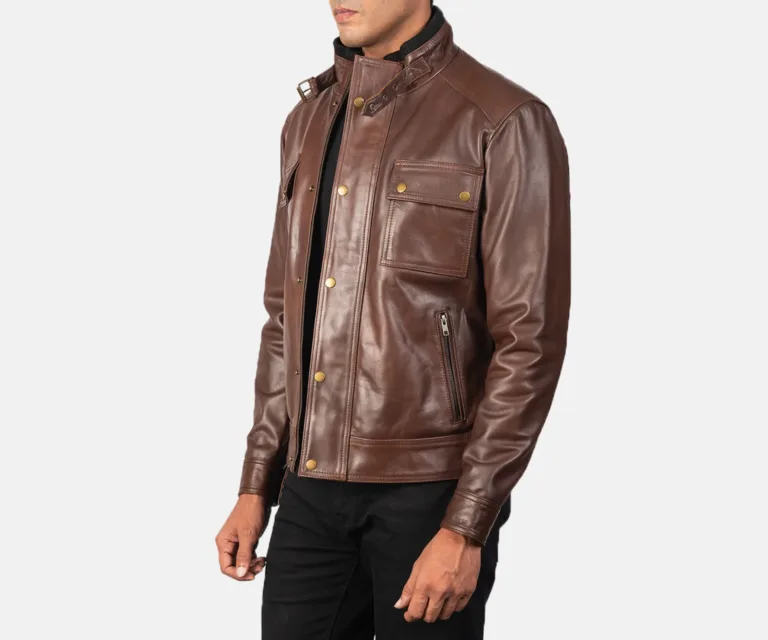 Darren Brown Leather Biker Jacket — Quarter Angle Profile & Contoured Sleeve Detail