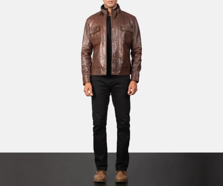 Darren Brown Leather Biker Jacket — Front Zipped Placket & Collar Detail