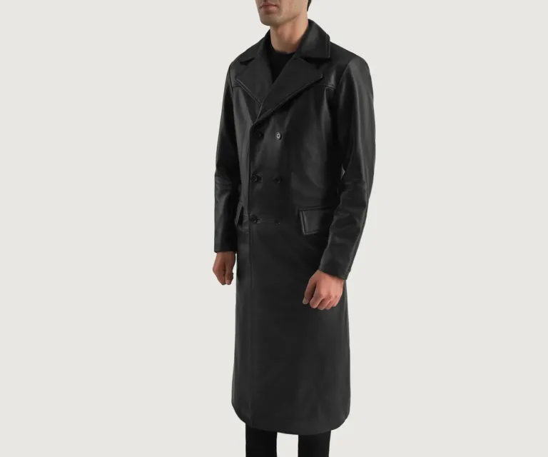 Delmar Black Leather Double Breasted Coat — Three-Quarter Perspective