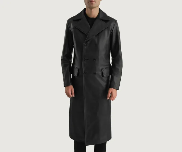 Delmar Black Leather Double Breasted Coat — Rear Profile View