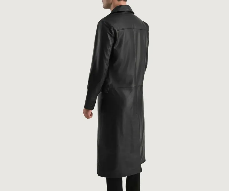 Delmar Black Leather Double Breasted Coat — Macro Hardware & Seam Construction