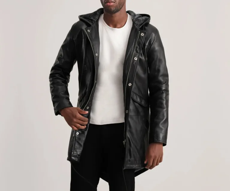 Delvin Black Leather Parka — Front Open Hero Presentation
