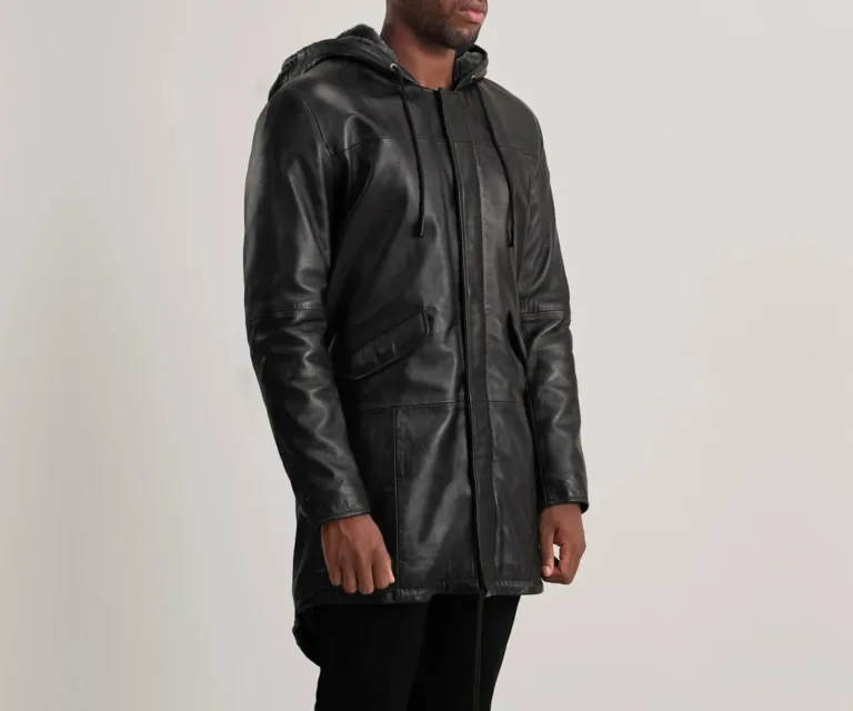 Delvin Black Leather Parka — Quarter Angle Profile & Contoured Sleeve Detail