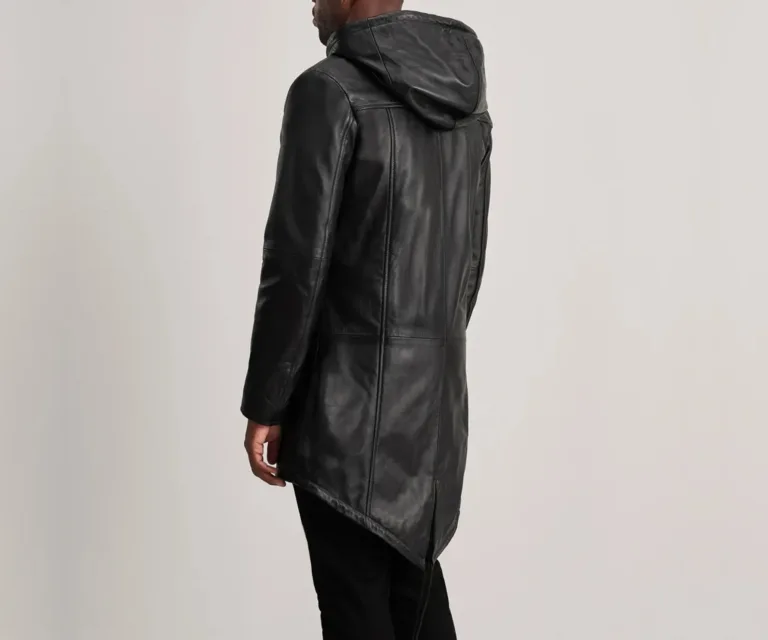 Delvin Black Leather Parka — Rear Back View & Tailored Hemline