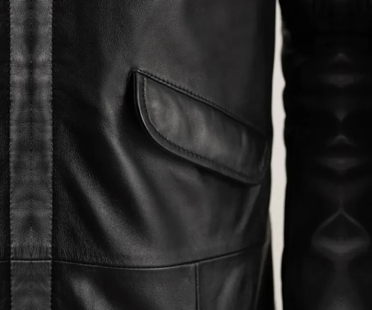 Delvin Black Leather Parka — Macro Detail Leather Grain, Stitching & Hardware