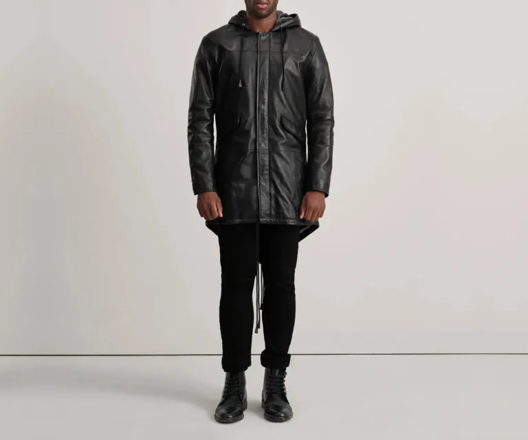 Delvin Black Leather Parka — Full-Length Model Editorial Presentation