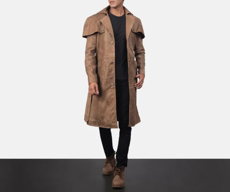 Deux Brown Leather Duster — Full Editorial Model Perspective