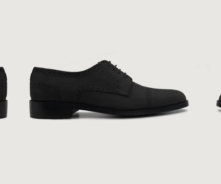 Dirk Brogues Derby Black Nubuck Leather Shoes Handcrafted Men's Footwear — Three-Quarter Perspective