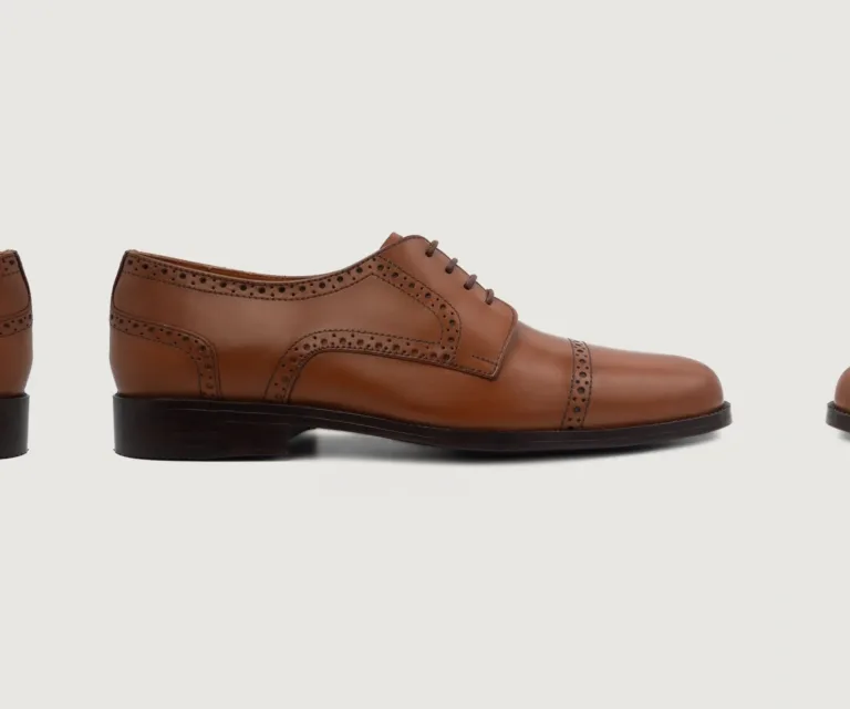 Dirk Brogues Derby Tan Leather Shoes Handcrafted Men's Footwear — Three-Quarter Perspective