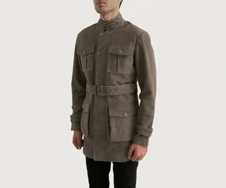 Dolf Grey Suede Jacket — Quarter Angle Profile & Contoured Sleeve Detail