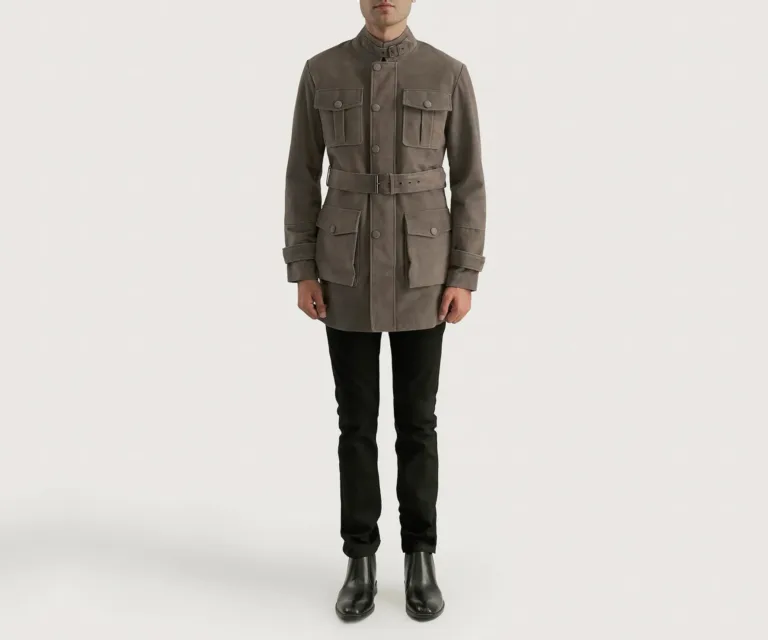 Dolf Grey Suede Jacket — Front Placket & Refined Collar Detail