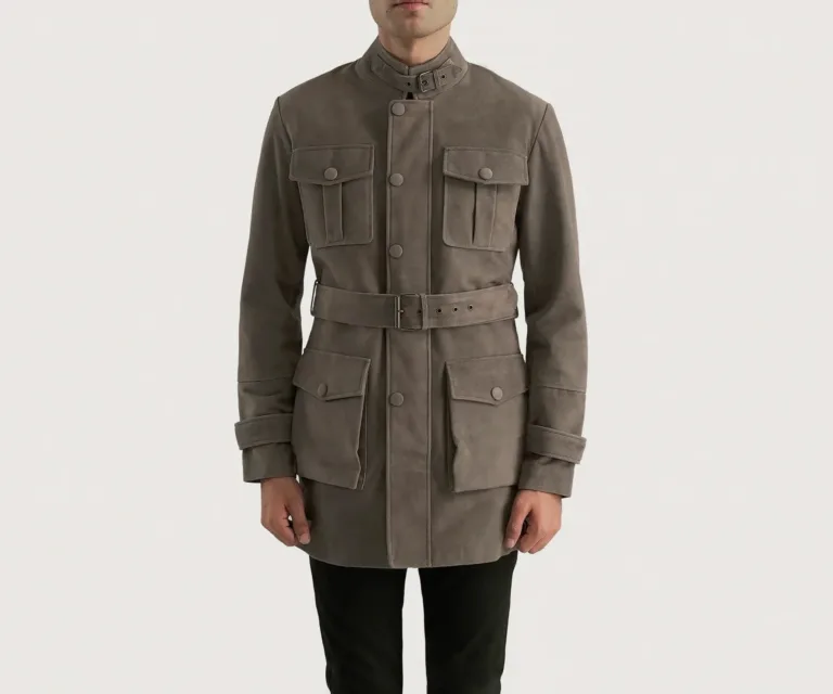 Dolf Grey Suede Jacket — Rear Back View & Clean Tailored Hemline