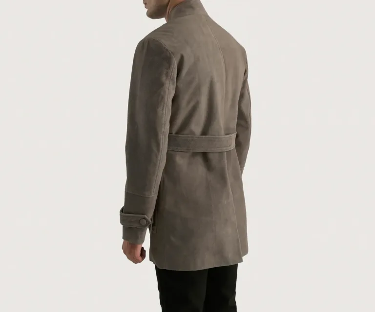 Dolf Grey Suede Jacket — Macro Detail Soft Suede Nap, Stitching & Buttons