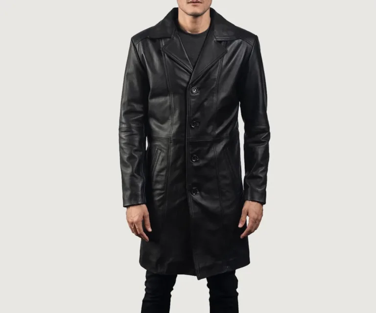 Don Long Black Leather Coat — Front Detail Macro