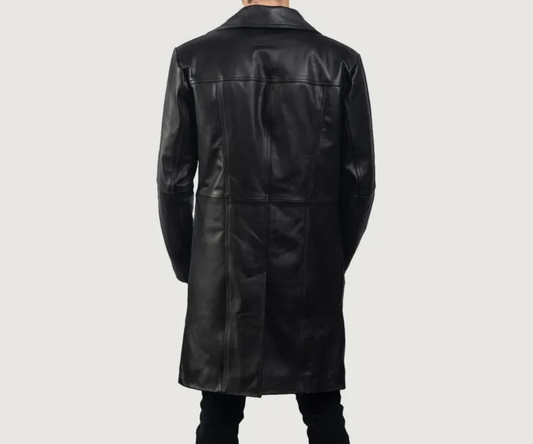 Don Long Black Leather Coat — Editorial Presentation View