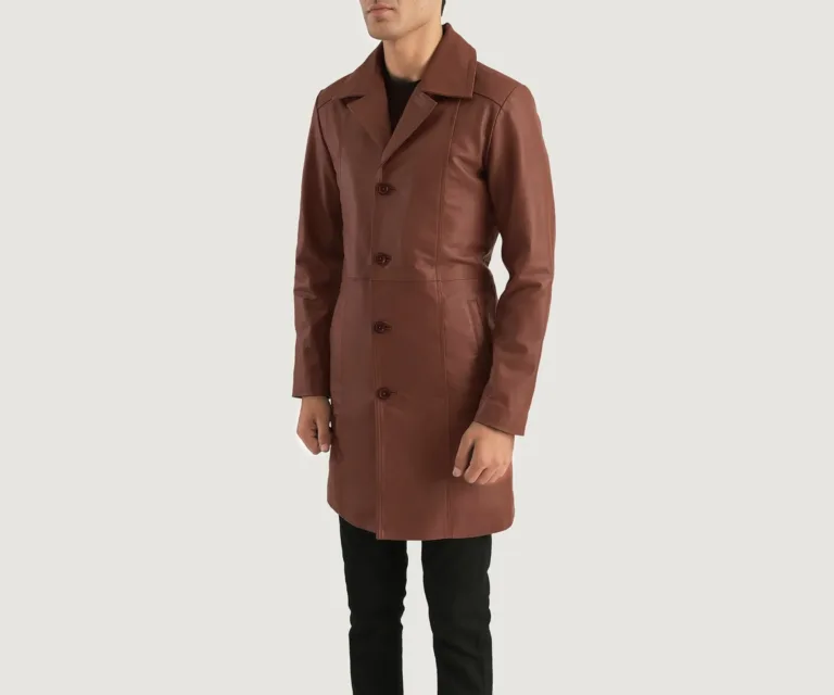 Don Long Brown Leather Coat — Three-Quarter Perspective