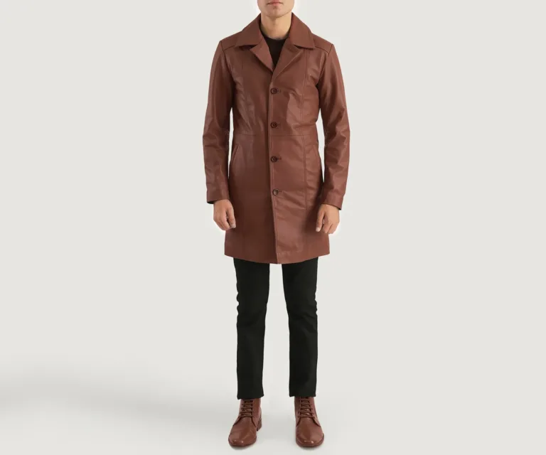 Don Long Brown Leather Coat — Front Detail & Closure