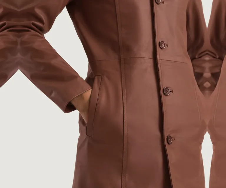 Don Long Brown Leather Coat — Full Editorial Model Perspective