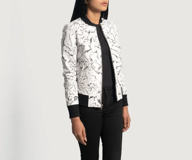 Donna Blake White Leather Bomber Jacket Luxury Women's Outerwear — Three-Quarter Editorial Perspective