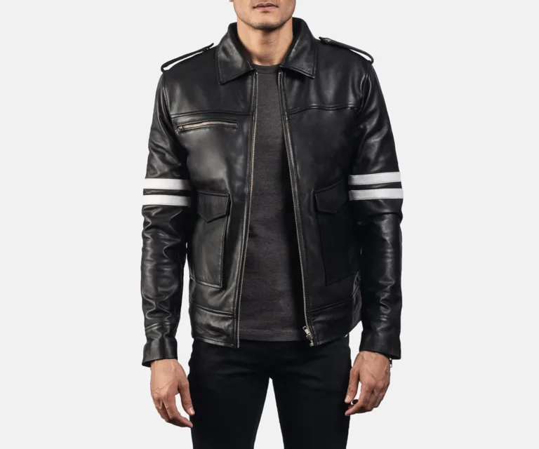 Dragonhide Black Leather Jacket — Front Zipped Placket & Collar Detail